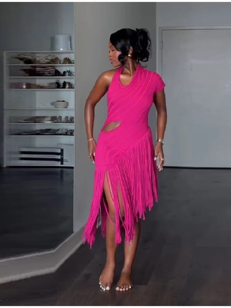 Women New Trend Sexy Fringe Pure Color Skirt  Irregular Cut Backless Sleeveless Party Dresses Stylish Date club Evening Gown