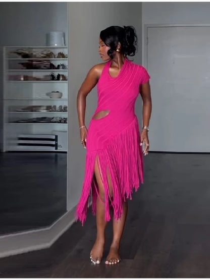 Women New Trend Sexy Fringe Pure Color Skirt  Irregular Cut Backless Sleeveless Party Dresses Stylish Date club Evening Gown