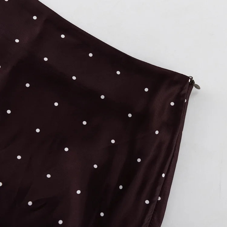 Two Piece Skirt Set Printed Polka Dot Satin Skirt Set Women's Long Sleeved Lace Up Shirt+high WAIST Midi Skirt Set