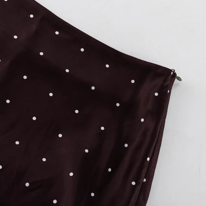 Two Piece Skirt Set Printed Polka Dot Satin Skirt Set Women's Long Sleeved Lace Up Shirt+high WAIST Midi Skirt Set