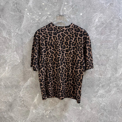 High-End Women's Retro Leopard Print round Neck Loose Short Sleeve T-Shirt 2025 New Style Commute Style Casual Inner Wear