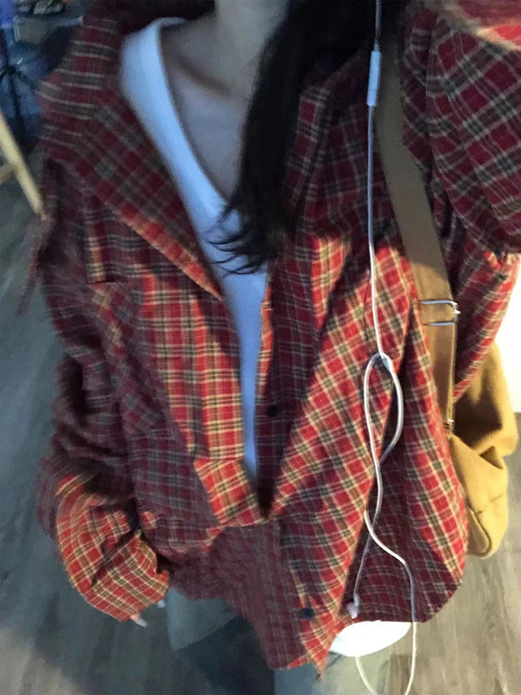 Red Plaid Loose Long Sve irt Women's Spring 2026 New Lazy Sle Coat Top Commute Pattern Button oulder Drop Length