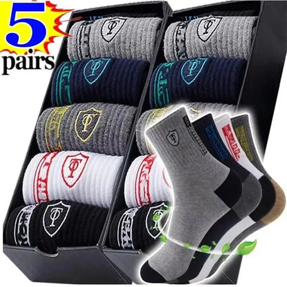 5 Pairs Premium Thickened Business Seasonal Versatile Stylish Mid-calf Socks for Men Anti-odor Mid-calf Athletic Socks