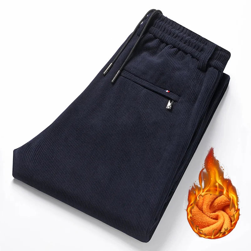 New Men's Winter Thicken Warm Classic Straight Business Fleece Thermal Trousers Brand Clothes Corduroy Plush Velvet Casual Pants