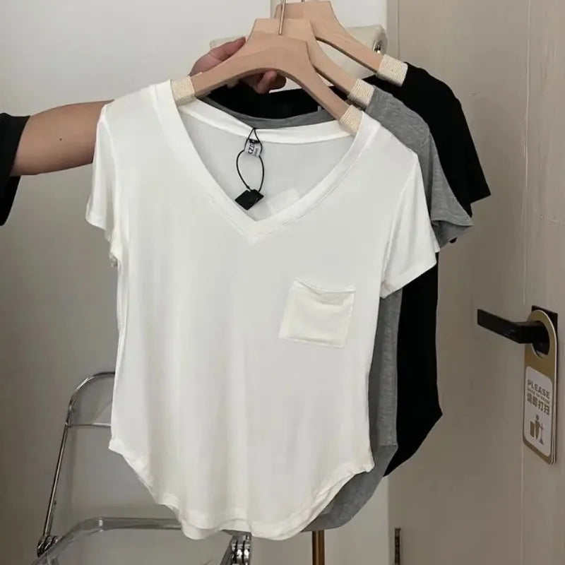 Women's Solid Color T-Shirt Summer Thin Fashion V-Neck Short Sleeve Loose Tees Casual Korean Soft Basic Top For Women