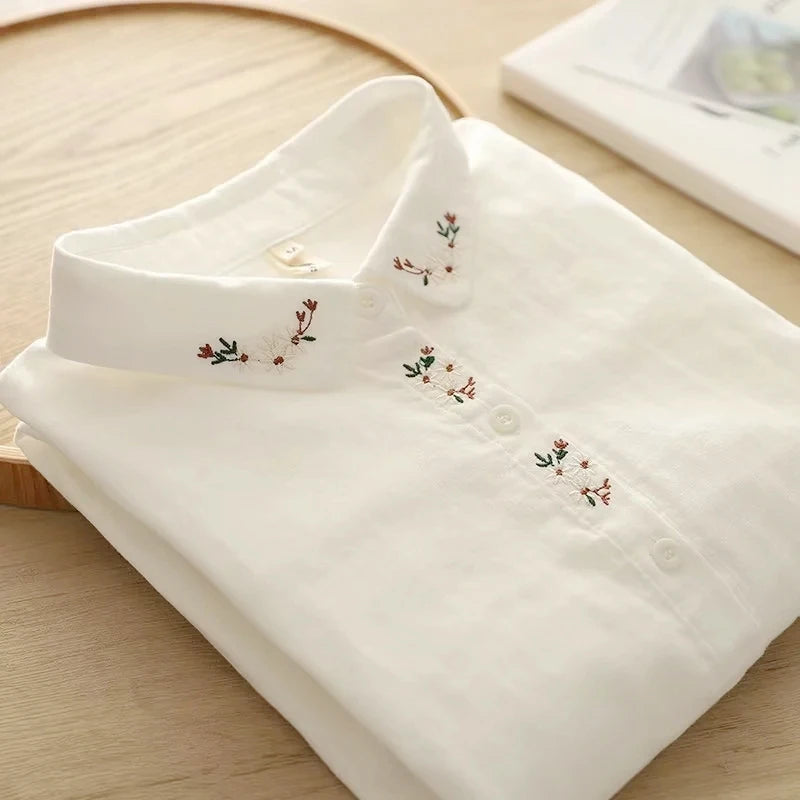 Elegant Embroidered Flower Doll Collar Double Layer Cotton Baby White Shirt Women Long Sleeve Base Shirt Trendy Commute Style...