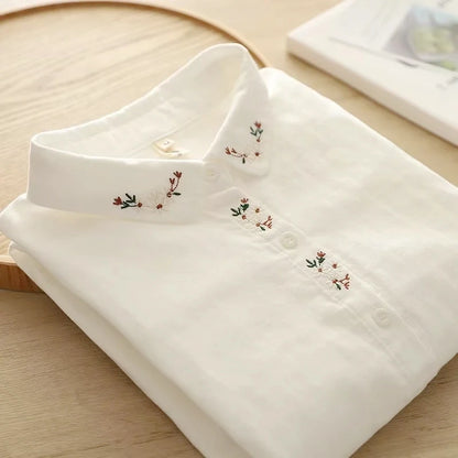 Elegant Embroidered Flower Doll Collar Double Layer Cotton Baby White Shirt Women Long Sleeve Base Shirt Trendy Commute Style...