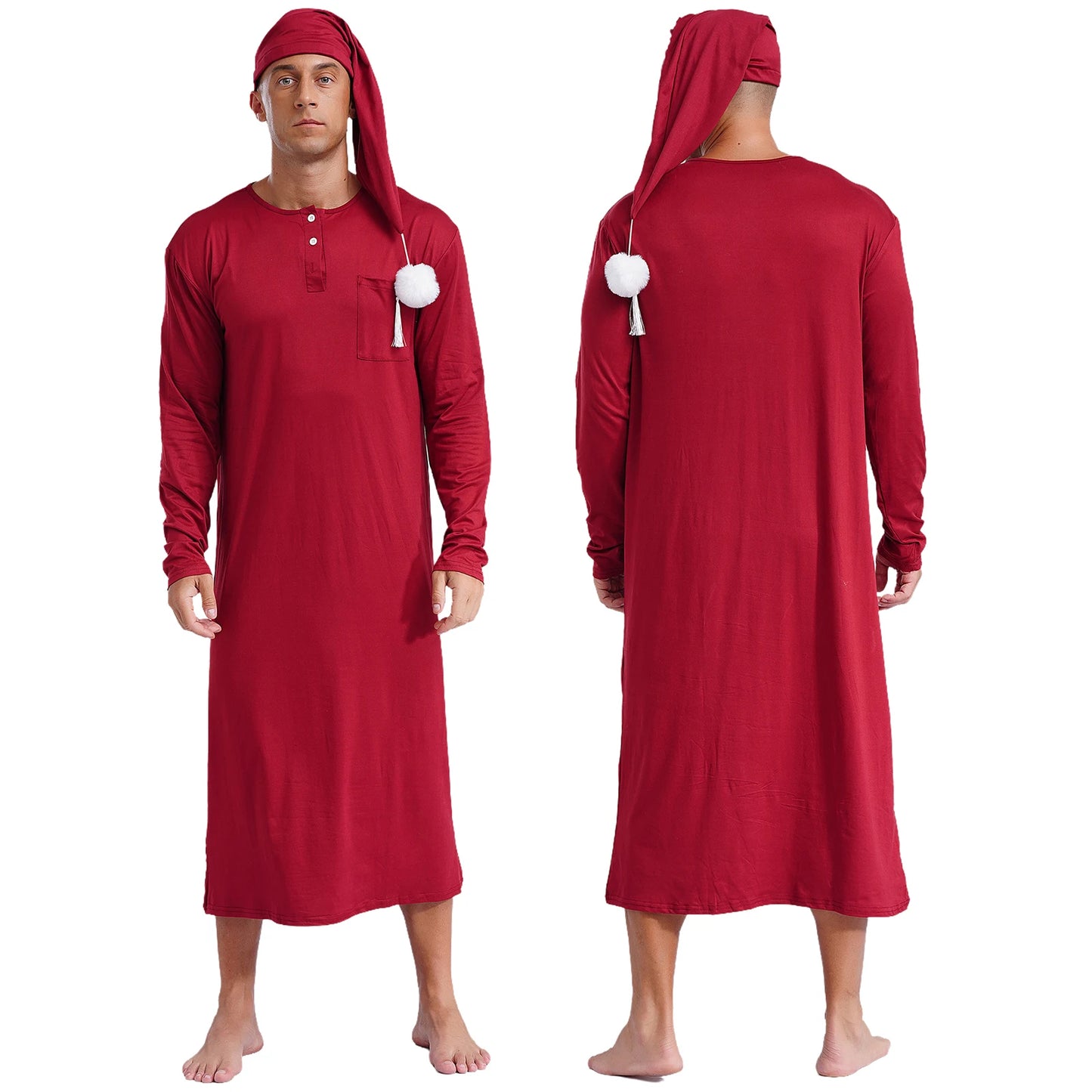 Mens Solid Color Long Sleeve Sleep Robe with Night Cap Round Neck Big & Tall Nightshirts Home Loungewear Pajamas Sleepwear