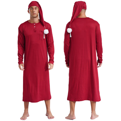 Mens Solid Color Long Sleeve Sleep Robe with Night Cap Round Neck Big & Tall Nightshirts Home Loungewear Pajamas Sleepwear
