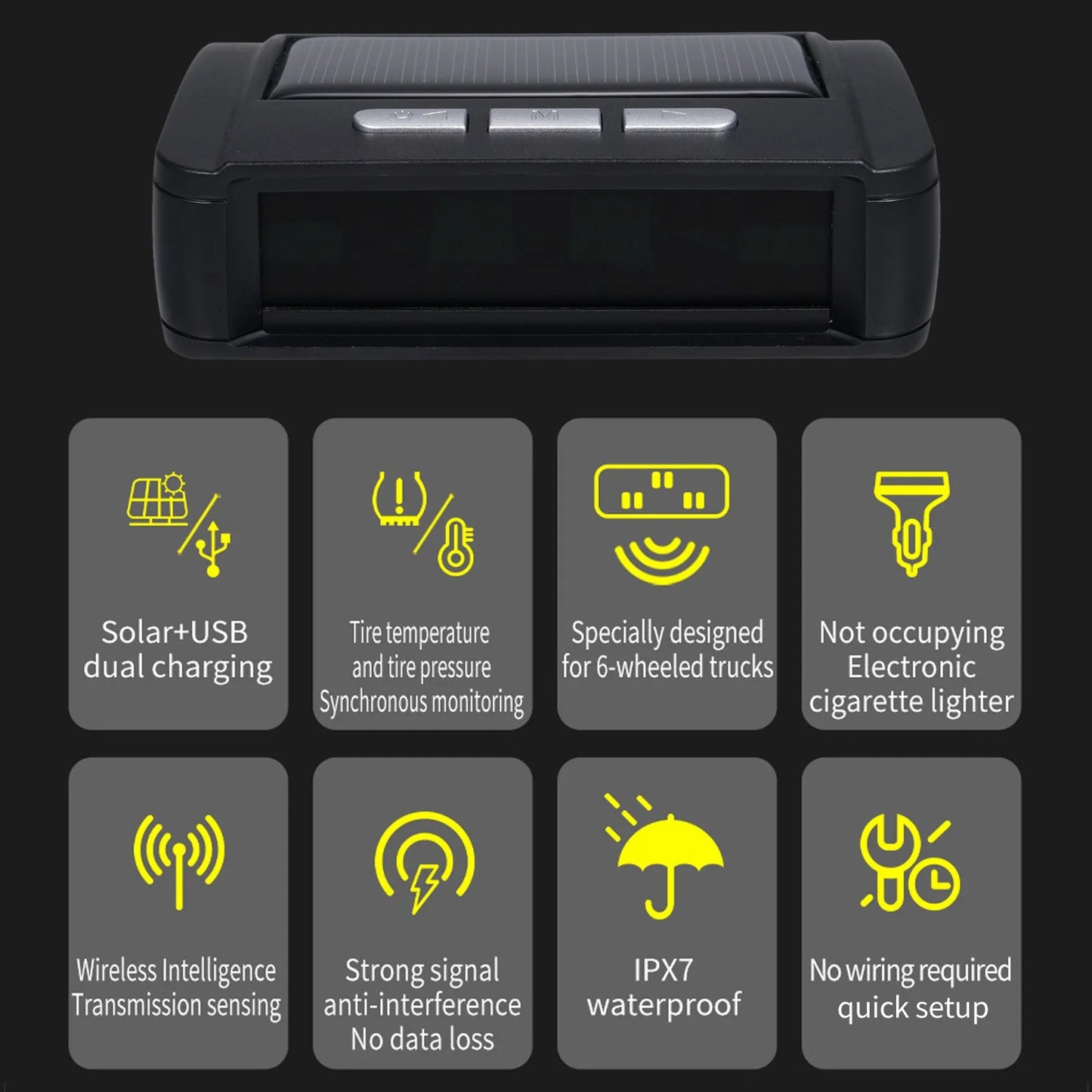 Solar Wireless TPMS Car Tire Tyre Pressure Monitor Monitoring System with 6 External Sensors