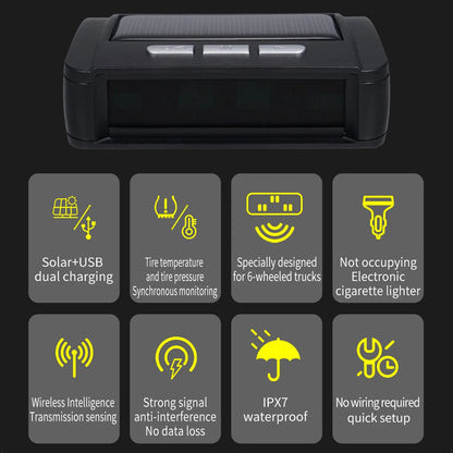 Solar Wireless TPMS Car Tire Tyre Pressure Monitor Monitoring System with 6 External Sensors