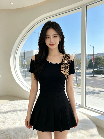 Summer New Off Shoulder Short sleeved T-shirt Korean Fashion Diamond Tops Slim Style Bowknot Women Shirt