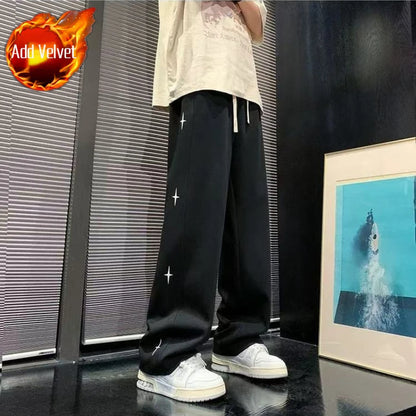 Trendy Star Pattern Jogger Pants Thick Fleece Lining Relaxed Modern Fit Autumn Winter Sports Casual Trousers for Men