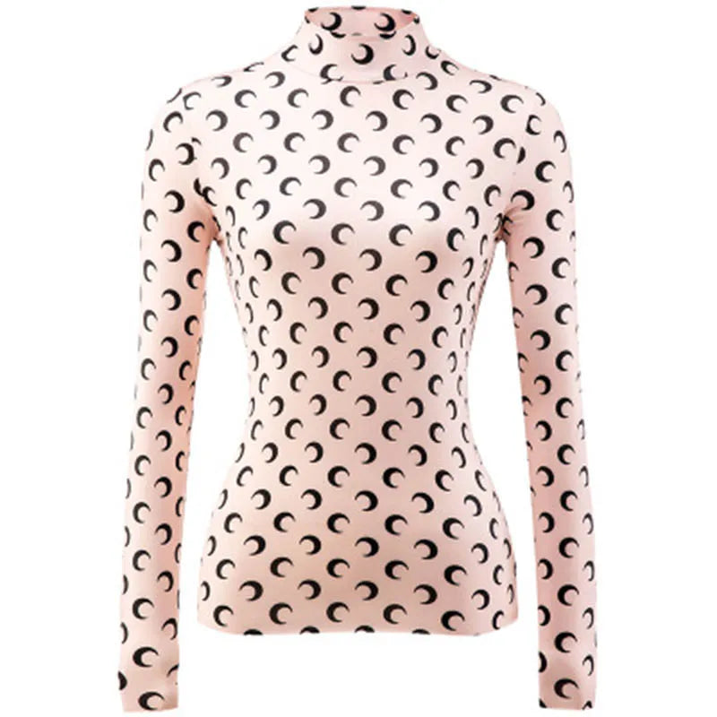 Moon Print Base Layer Shirt Long Sleeve Half High Collar Elastic T-Shirt Layering Trendy Top Inner Wear Autumn Winter for Women