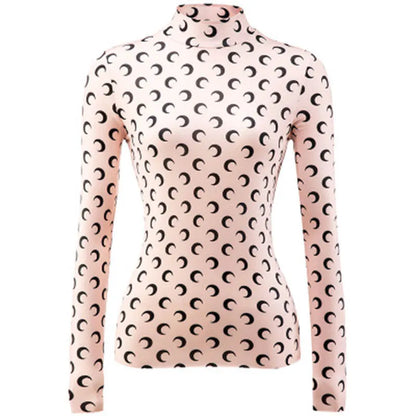 Moon Print Base Layer Shirt Long Sleeve Half High Collar Elastic T-Shirt Layering Trendy Top Inner Wear Autumn Winter for Women