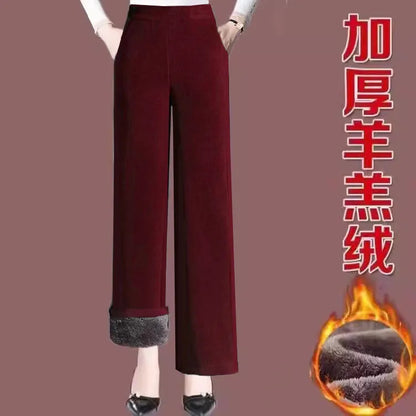 High Quality Fleece Lined Wide Leg Pants Thickened Corduroy Straight Cut Casual Trousers for Women Winter 2025 Warmth Elastic...
