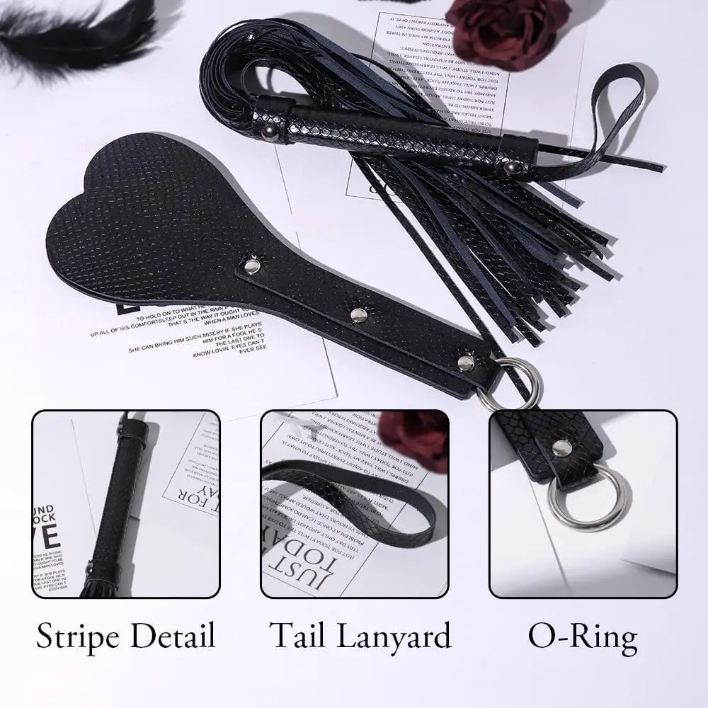 BDSM Bondage Kit for Couples, Heart Shaped Spanking Paddle & Tassel Whip 2 Piece PU Leather Set, Beginner SM Adult Sex Toys for