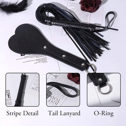 BDSM Bondage Kit for Couples, Heart Shaped Spanking Paddle & Tassel Whip 2 Piece PU Leather Set, Beginner SM Adult Sex Toys for