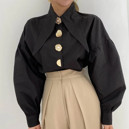 White Elegant Pearl Women Shirts Korean Sharp Corner Collar Loose Long Sleeve Ladies Blouse Y2k Fashion New Chic Female Tops