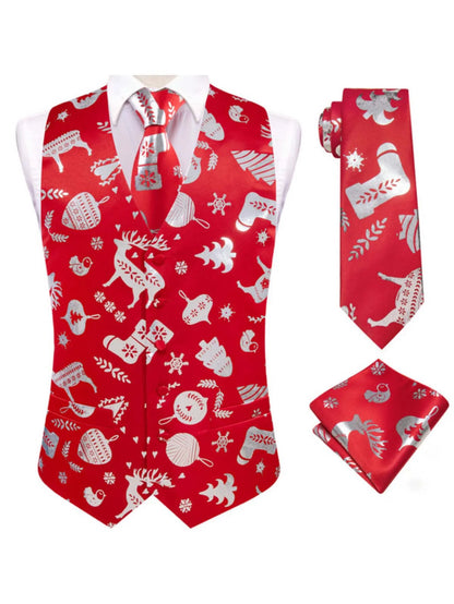 Men's Christmas Print Vest 3-Piece Set: Vest, Tie, Pocket Square, Red Blue Green Yellow for Holiday Parties