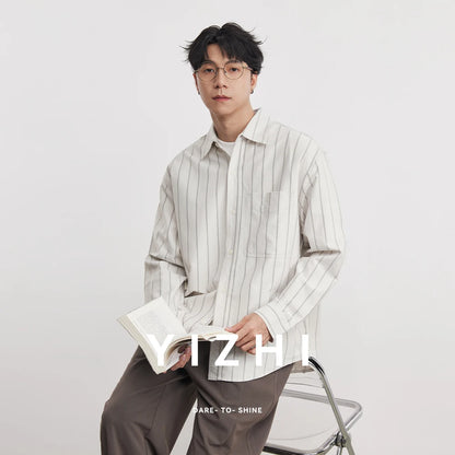 Fashion Oxford Wide Striped Cotton Lapel Long-sleeved Shirt Men Spring And Autumn 2026 New Men's Shirt Trend