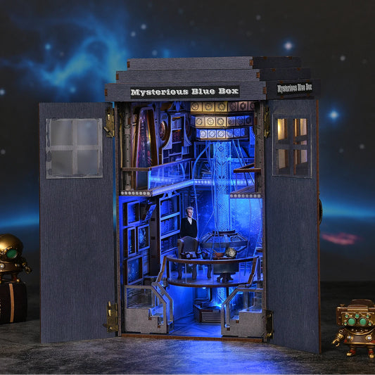 Book Nook Kit Blue Telephone Booth 3D DIY Wooden Puzzle Handmade Bookshelf Dollhouse Model Bookend Building Home Decoration