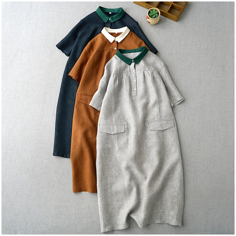 Ele Contrast Color Collar Linen ort Sve irt Dr Women's Summer New Artistic Versatile Midi Dr Comfortable A-L...