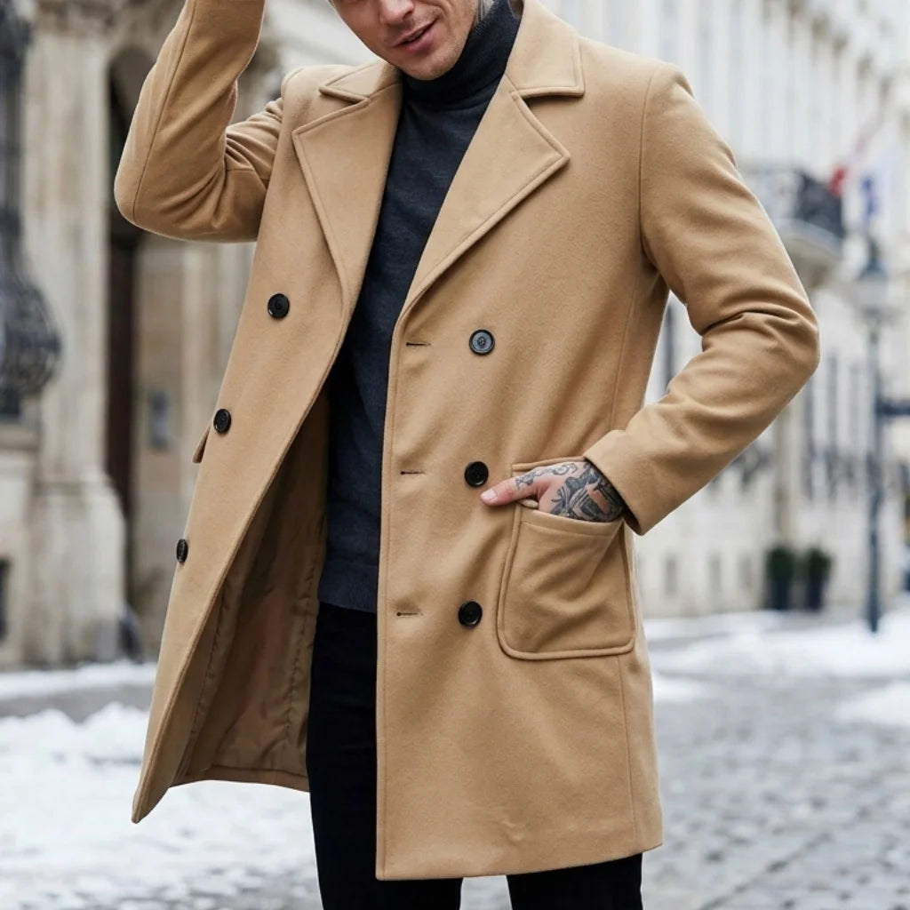 New Winter Men's Double-Breasted Knee-Length Trench Coat Windproof Lined Multi-Pocket Jakcets Business Casual Streetwear Coat