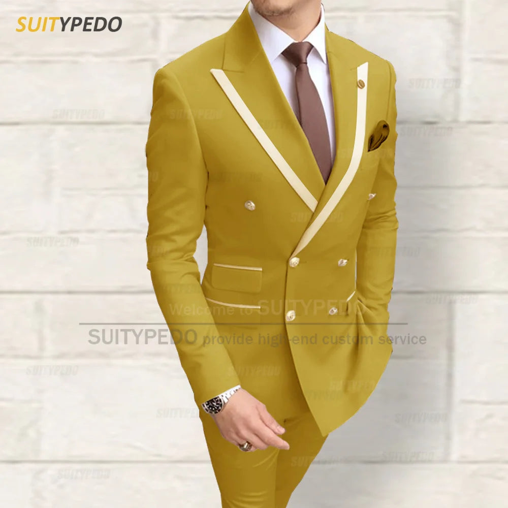 Fashion Men Red Suit Sets Wedding Party Custom Groomsman Elegant Outfits Birthday Banquet Male Stylish Blazer Pants 2 Pieces