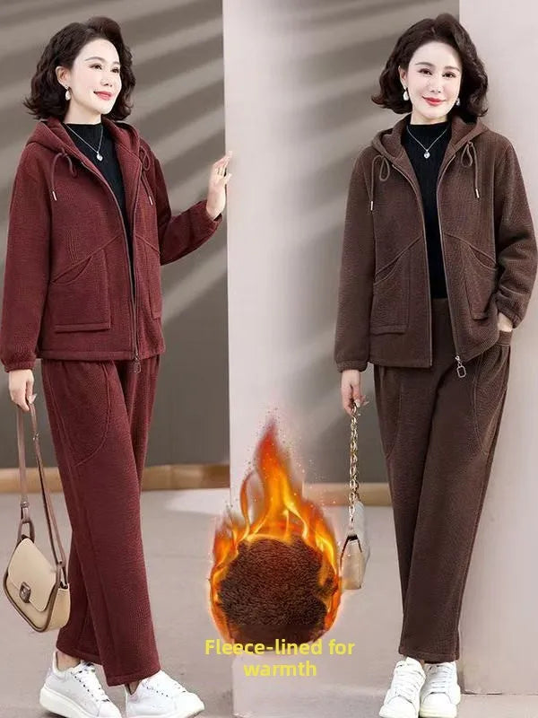 Winter Thickened Large Size Mid-aged Casual Two-piece Set Fleece-lined Comfortable Commute Style High Waist Long Pants