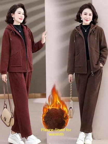 Winter Thickened Large Size Mid-aged Casual Two-piece Set Fleece-lined Comfortable Commute Style High Waist Long Pants
