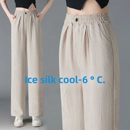 Ice Silk Slim Wide Leg Pants Women's Summer Drapey High Waist Straight Casual Lazy Floor Length Pants Cool Pants