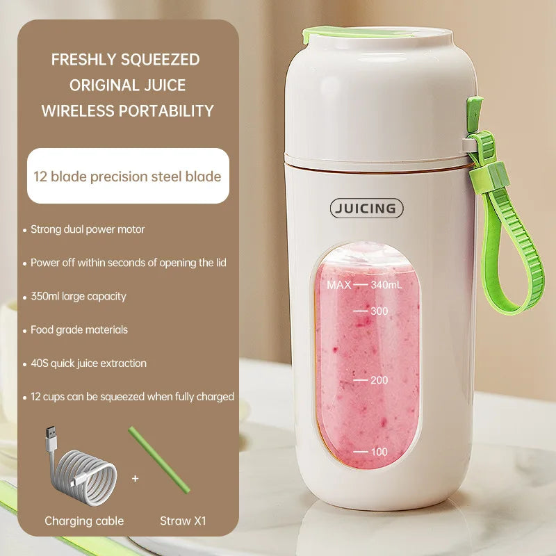 Portable Electric Juicer Cup 350mL for Smoothies Shaved Ice Juices12 Blade Stainless Steel Blender with Wireless Charging