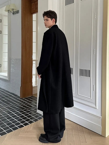 New Mens Designer Autumn Winter Woolen Coat Double Breasted Loose Fit Elegant Party Overcoat Casual Office Men Fashion Trench