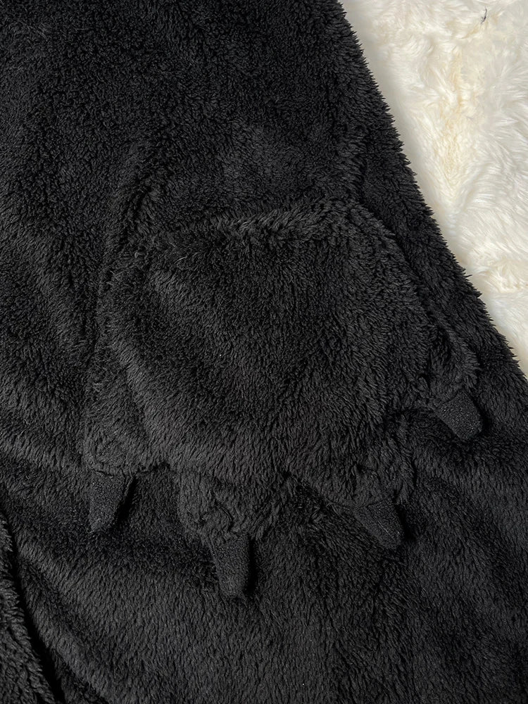 Couple's Black Coral Fleece Pajamas Thickened Fluffy Home Clothes Cartoon Pattern Unisex Long Sleeve Sleepwear for Autumn Winter