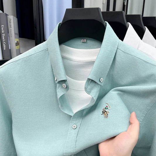 High-end Embroidered Summer 100% Cotton Short-sleeve Shirt for Men, Embroidered Youth Shirt, Business Casual Half-sleeve
