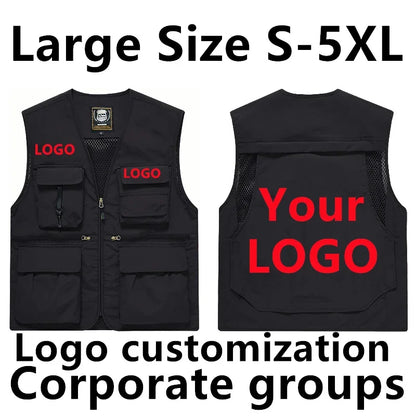 DIY Logo Custom Work Vest Multi Pocket Sleeveless Jacket Camping Big Size Men's Clothes  Plus Outerwear MAN Workwear LeisureY