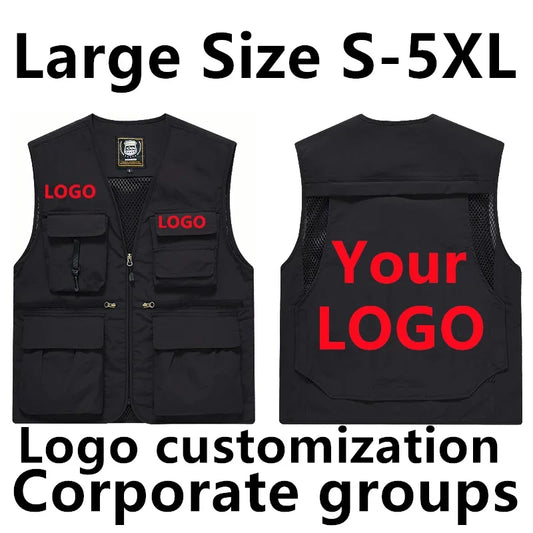 DIY Logo Custom Work Vest Multi Pocket Sleeveless Jacket Camping Big Size Men's Clothes  Plus Outerwear MAN Workwear LeisureY