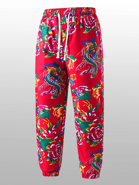 Thiened Cotton Pants for Men Winter Floral Print Warm Casual Straight Leg Long Trousers Trendy Youth Sle Floral Pattern