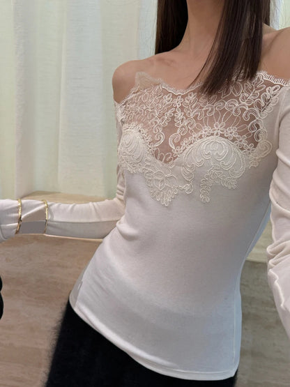 French Style Lace Trim Shoulder Bridesmaid Long Sleeve Slim Fit Base Shirt Women's Autumn Winter Fashionable Shoulder Bared Top