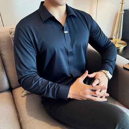 High Elasticity Men Polo Shirt 2025 British Style Autumn Thin Solid Casual Elastic Slim Fit Long Sleeves T-shirt Men Clothing