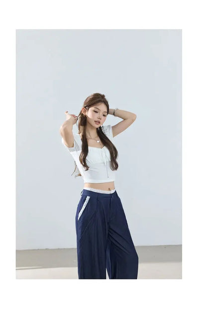 American-style retro loose wide-leg pants, lightweight curved pants, cool lace splicing, versatile casual pants for women