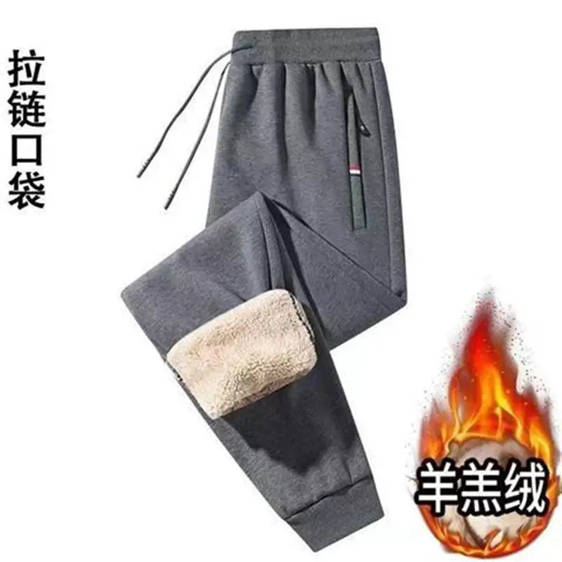 Men's Autumn Winter Thickened Large Size Lamb Velvet Fleece Lined Warm Loose Casual Pants Polyester Fiber Youth Pure Color