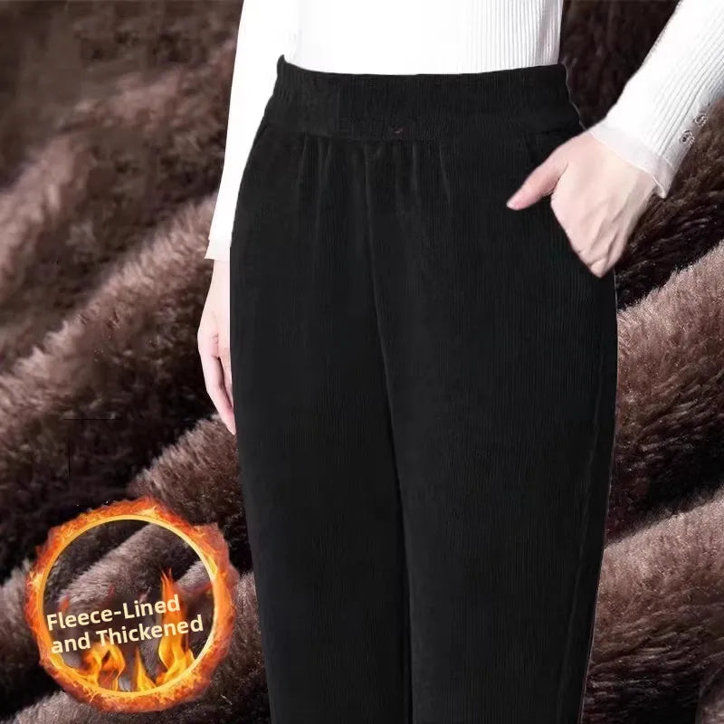 High Waist Flannel Lined Thickened Corduroy Pants for Women Autumn Winter Casual Harlan Pants Versatile Comfortable Cotton Pants