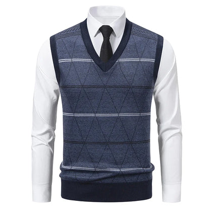 2026 Men's V-neck Knitted Sweater Warm Autumn Winter Diamond Grid Twisted Flower Casual Fashion Versatile Knit Top