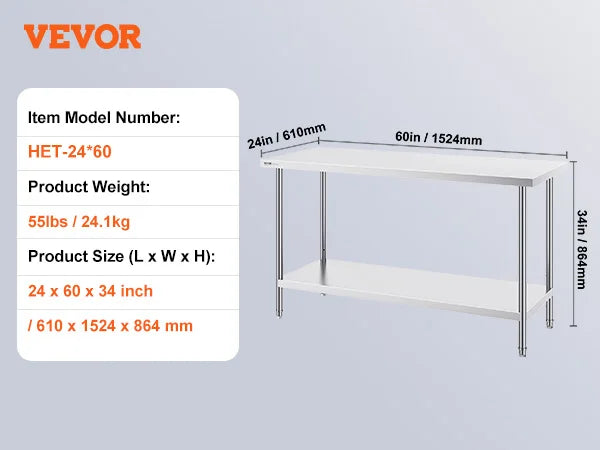 SucceBuy 4 Size Stainless Steel Prep Table Heavy Duty Metal Worktable Commercial Work Table for Restaurant and Home