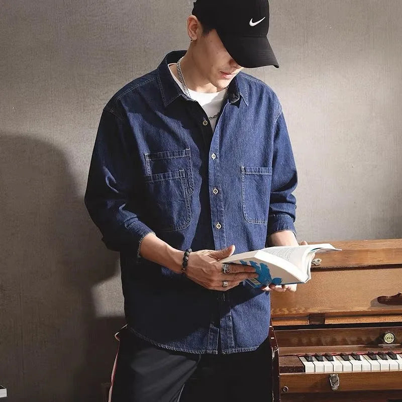 Spring Ruffian Handsome Denim Tooling Long-sleeved Shirt Men's Ins Trendy Versatile Casual American Retro Shirt Jacket
