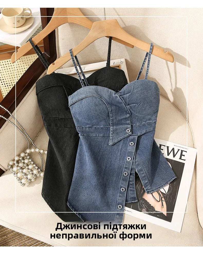 Irregular Halter Neck Denim Crop Top Women Summer Outdoor Wear with Chest Pad Slimming Sexy Girl Shirt Short Length Zipper