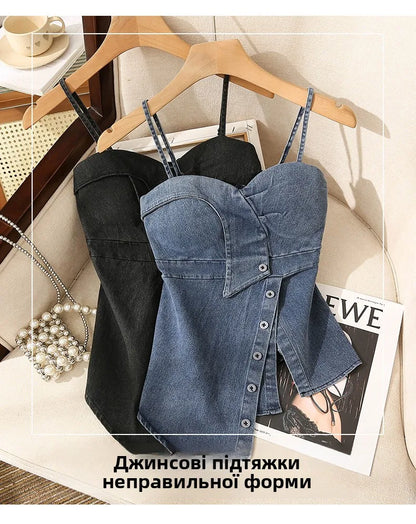 Irregular Halter Neck Denim Crop Top Women Summer Outdoor Wear with Chest Pad Slimming Sexy Girl Shirt Short Length Zipper