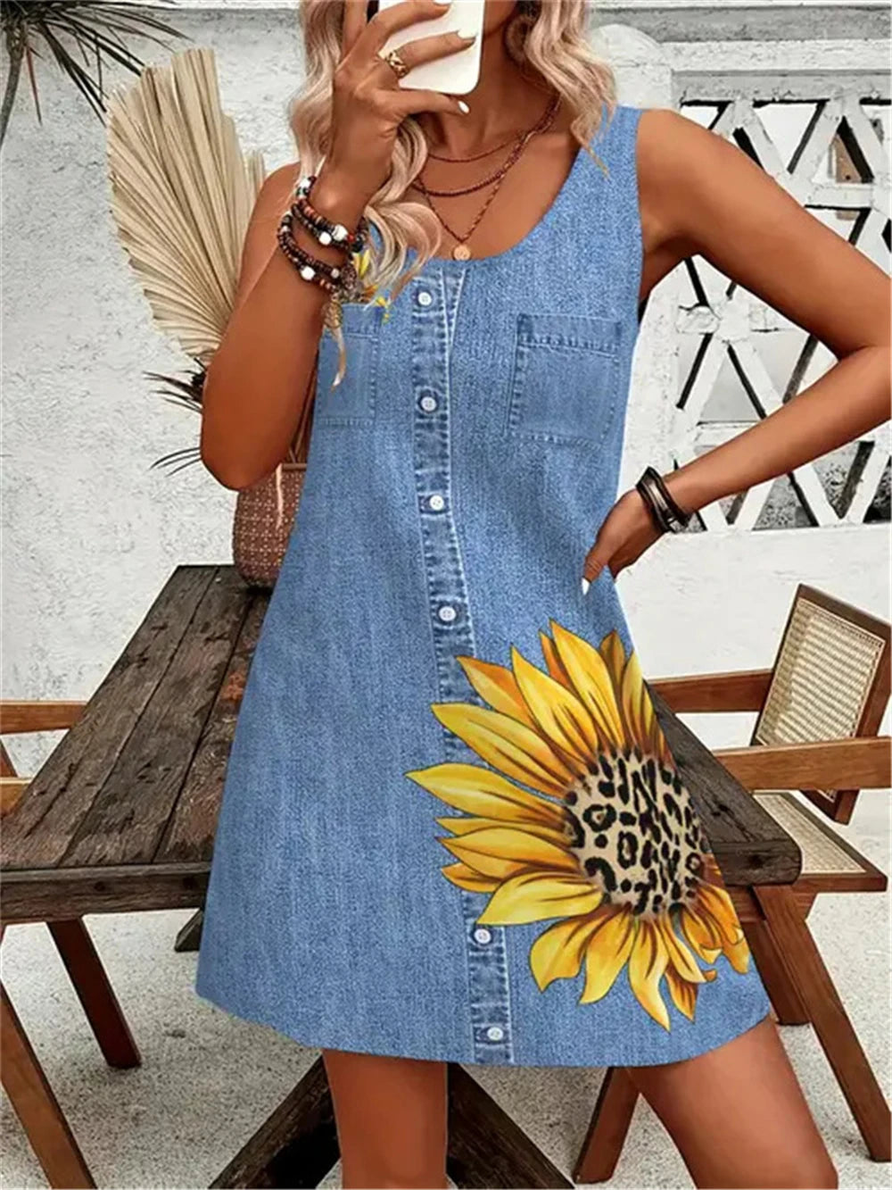 New Summer Cowboy Style Women Mini Dresses Sleeveless 3D Printed Street Fashion Ladies Dress 3XL Plus Size Loose Casual Dress